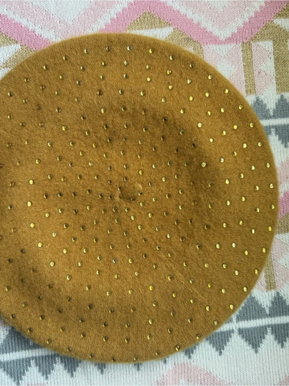 Mustard Wool Beret with Gold Stud Detailing